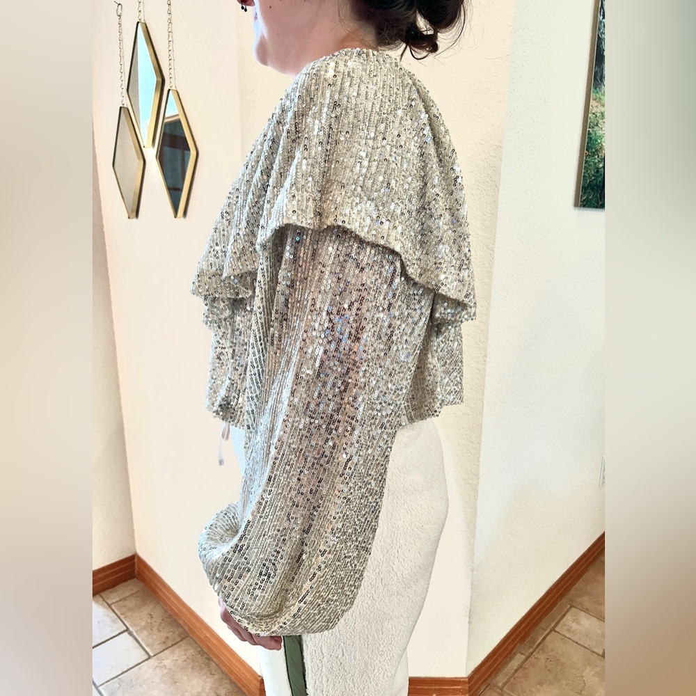 Free People Silver Tiered Ruffle Balloon Sleeve Sequin Flowy Top Size XS NWT - Picture 5 of 13